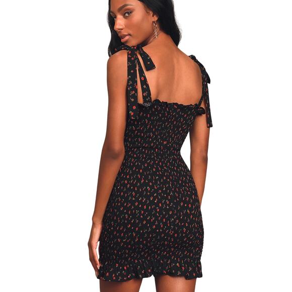 Free People Bella Black Floral Print Smocked Tie Strap Bodycon Mini Dress, Small - Picture 2 of 5